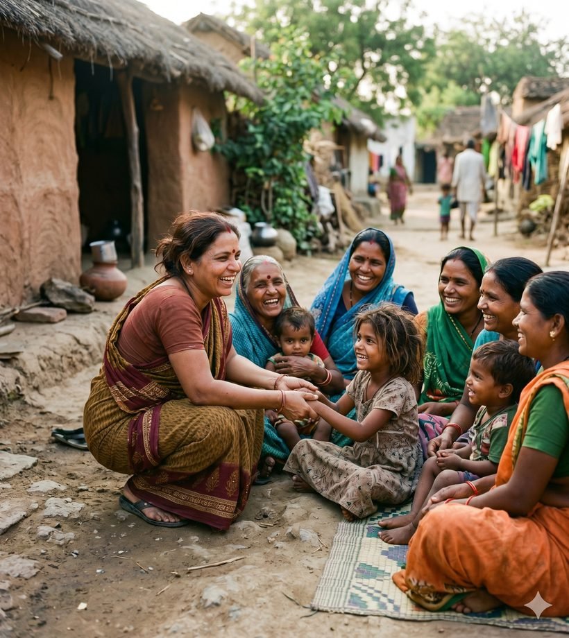 A social worker with village women and children